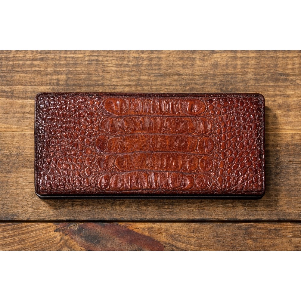 Brahmin Brown Crocodile Embossed Leather Slim Bi-fold Wallet Black Interior